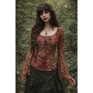 VTG 90s Y2K Red Scoop Neck Bell Sleeve Sheer Mesh Floral Top Whimsigoth Fairy LG